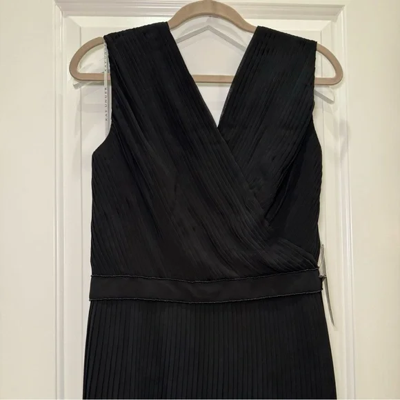 NWT Kay Unger Beaded Pleated V Neck Cocktail Party Event Midi Dress Black 10 - Picture 2 of 6